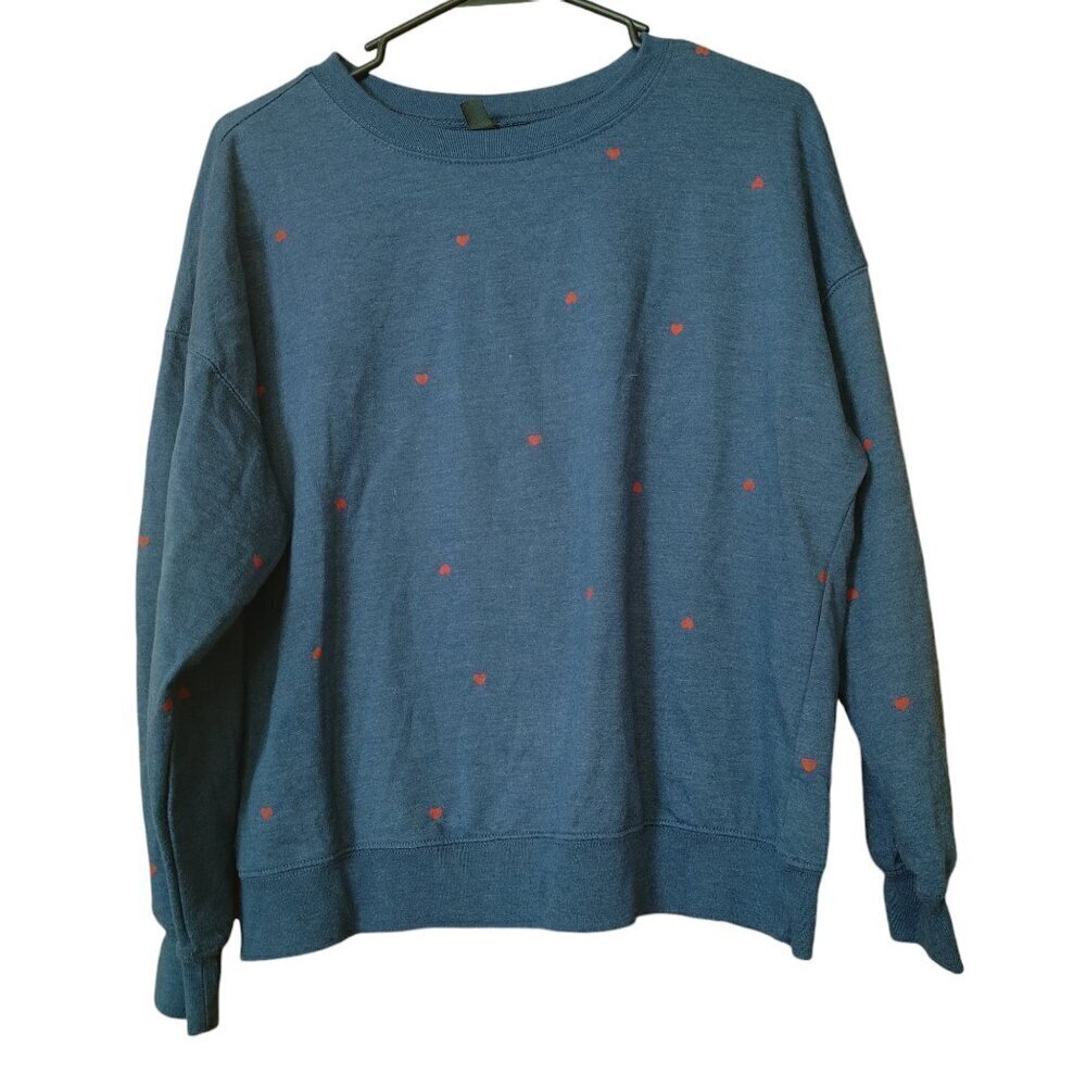 Alya Size Medium Blue Tiny Red Hearts Long Sleeves Crew Neck Sweatshirt